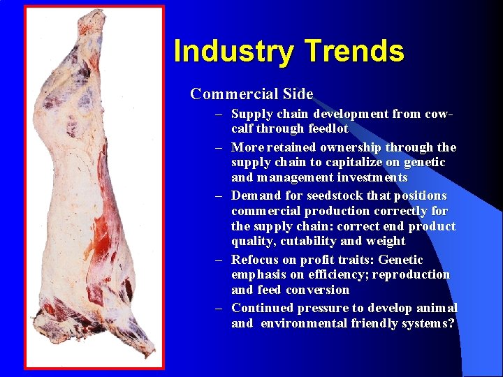 Industry Trends Commercial Side – Supply chain development from cowcalf through feedlot – More