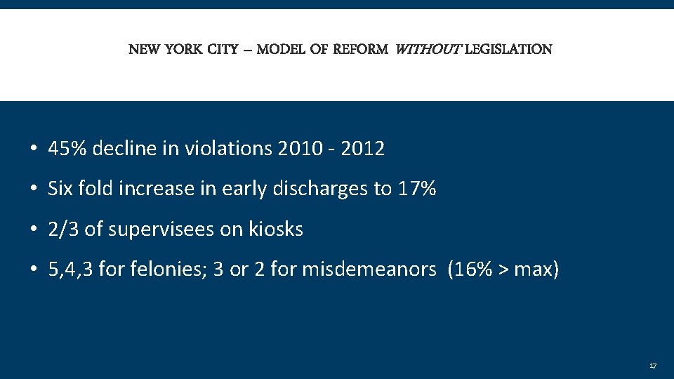 NEW YORK CITY – MODEL OF REFORM WITHOUT LEGISLATION • 45% decline in violations