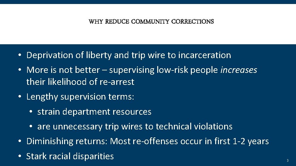 WHY REDUCE COMMUNITY CORRECTIONS • Deprivation of liberty and trip wire to incarceration •