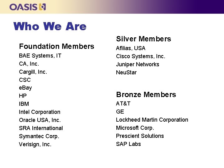 Who We Are Foundation Members BAE Systems, IT CA, Inc. Cargill, Inc. CSC e.