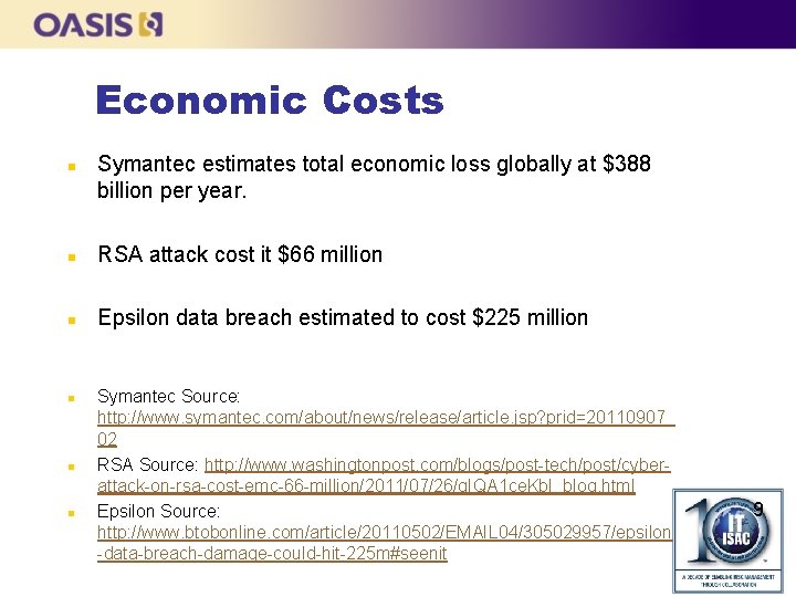 Economic Costs n Symantec estimates total economic loss globally at $388 billion per year.