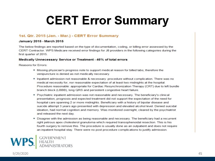 CERT Error Summary 9/29/2020 45 