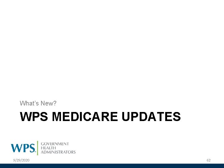 What’s New? WPS MEDICARE UPDATES 9/29/2020 62 