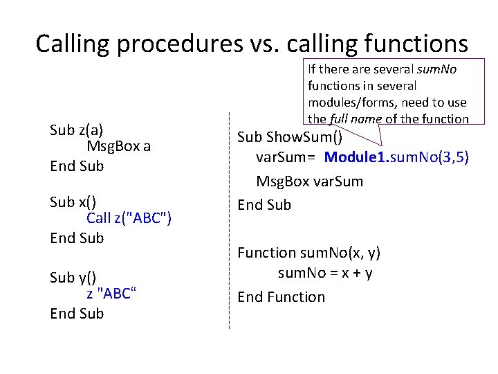 Calling procedures vs. calling functions Sub z(a) Msg. Box a End Sub x() Call Calling procedures vs. calling functions Sub z(a) Msg. Box a End Sub x() Call