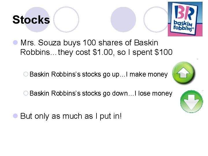 Stocks l Mrs. Souza buys 100 shares of Baskin Robbins…they cost $1. 00, so