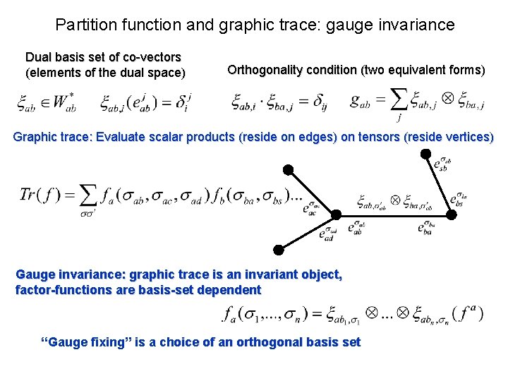 Partition function and graphic trace: gauge invariance Dual basis set of co-vectors (elements of