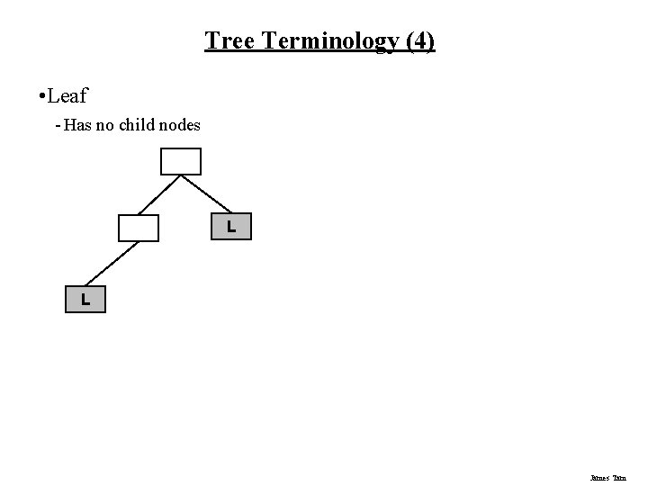 Tree Terminology (4) • Leaf - Has no child nodes L L James Tam Tree Terminology (4) • Leaf - Has no child nodes L L James Tam