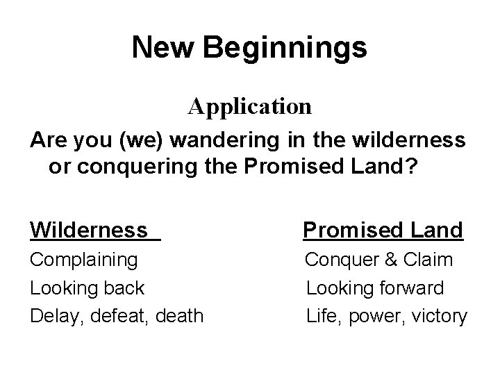 New Beginnings Application Are you (we) wandering in the wilderness or conquering the Promised