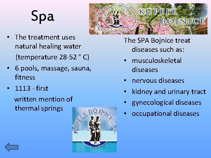 Spa • The treatment uses natural healing water (temperature 28 -52 ° C) •
