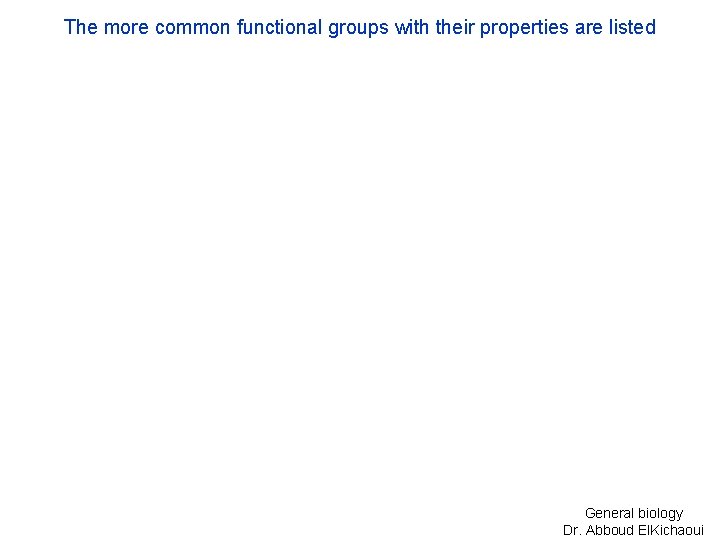 The more common functional groups with their properties are listed General biology Dr. Abboud