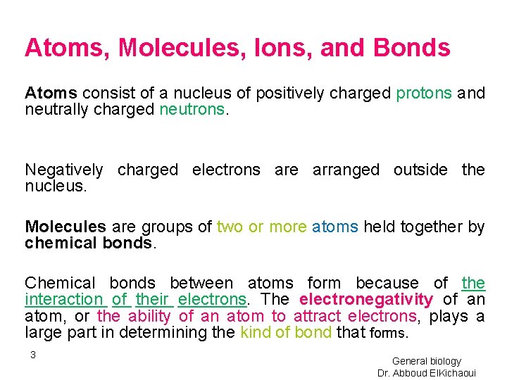 Atoms, Molecules, Ions, and Bonds Atoms consist of a nucleus of positively charged protons