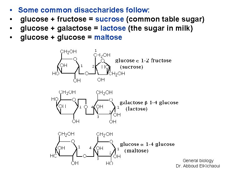  • Some common disaccharides follow: • glucose + fructose = sucrose (common table