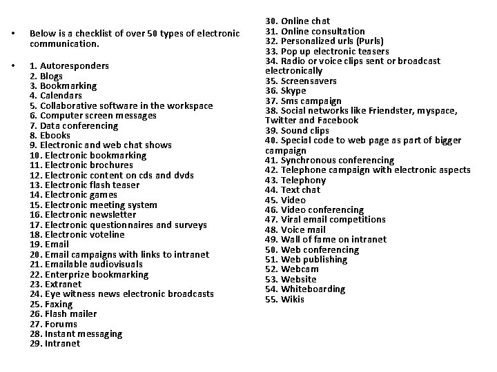  • Below is a checklist of over 50 types of electronic communication. •