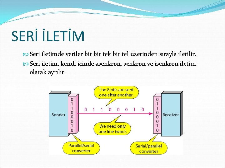 SERİ İLETİM Seri iletimde veriler bit tek bir tel üzerinden sırayla iletilir. Seri iletim,