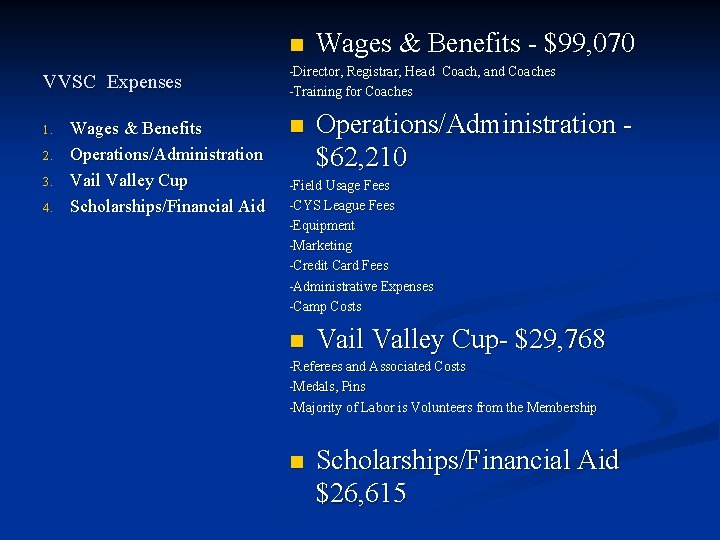 n VVSC Expenses 1. 2. 3. 4. Wages & Benefits Operations/Administration Vail Valley Cup