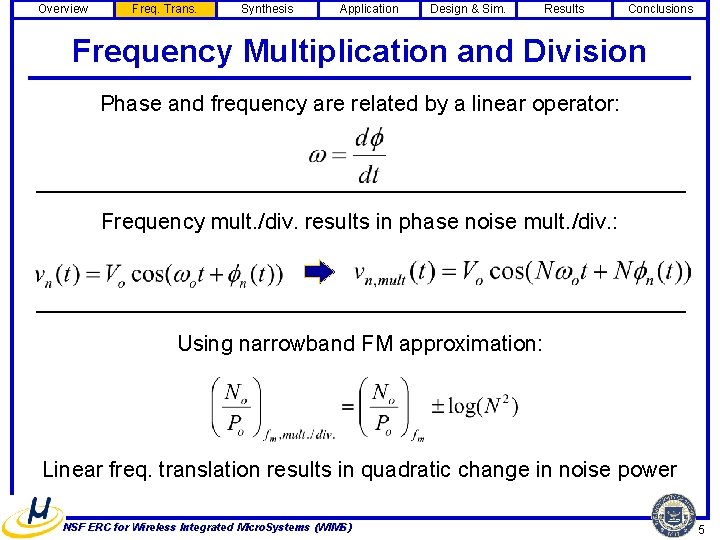 Overview Freq. Trans. Synthesis Application Design & Sim. Results Conclusions Frequency Multiplication and Division