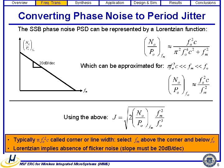 Overview Freq. Trans. Synthesis Application Design & Sim. Results Conclusions Converting Phase Noise to