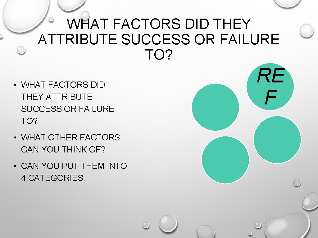 WHAT FACTORS DID THEY ATTRIBUTE SUCCESS OR FAILURE TO? • WHAT OTHER FACTORS CAN