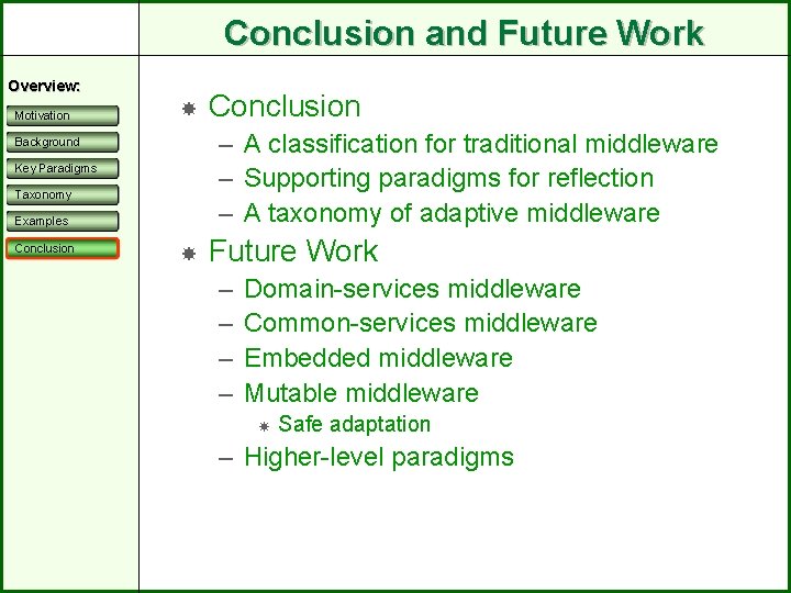 Conclusion and Future Work Overview: Motivation – A classification for traditional middleware – Supporting