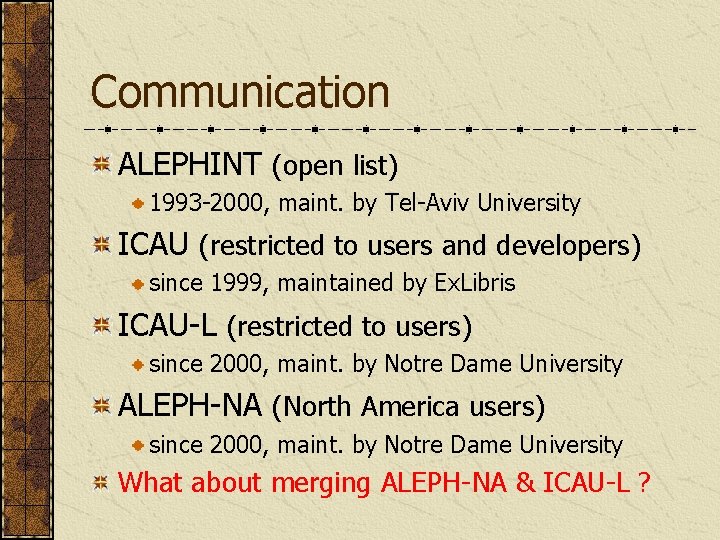Communication ALEPHINT (open list) 1993 -2000, maint. by Tel-Aviv University ICAU (restricted to users