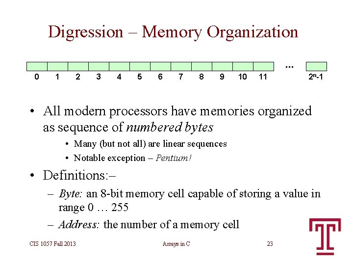 Digression – Memory Organization 0 1 2 3 4 5 6 7 8 9 Digression – Memory Organization 0 1 2 3 4 5 6 7 8 9
