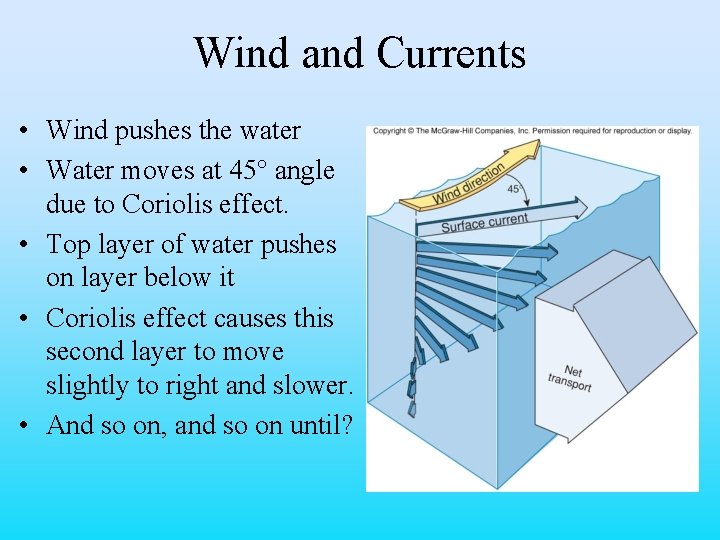 Wind and Currents • Wind pushes the water • Water moves at 45° angle