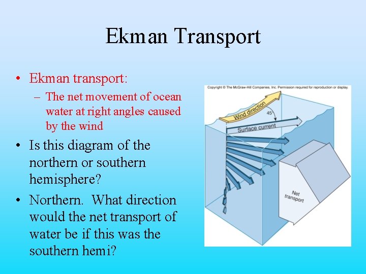 Ekman Transport • Ekman transport: – The net movement of ocean water at right