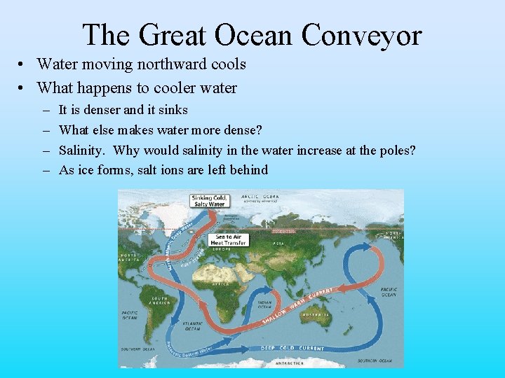 The Great Ocean Conveyor • Water moving northward cools • What happens to cooler