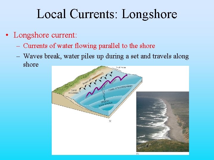 Local Currents: Longshore • Longshore current: – Currents of water flowing parallel to the