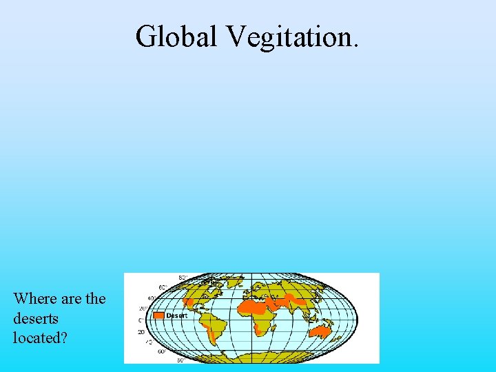 Global Vegitation. Where are the deserts located? 