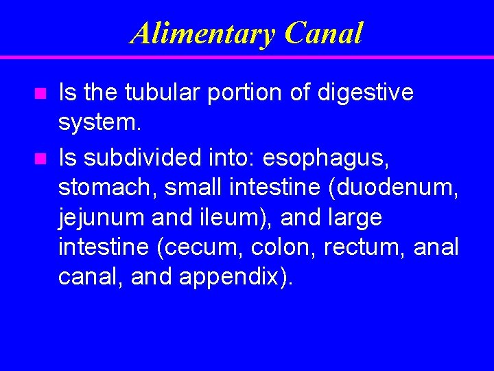 Alimentary Canal n n Is the tubular portion of digestive system. Is subdivided into: