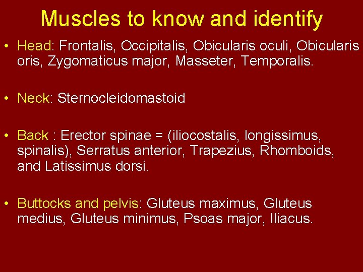Muscles to know and identify • Head: Frontalis, Occipitalis, Obicularis oculi, Obicularis oris, Zygomaticus