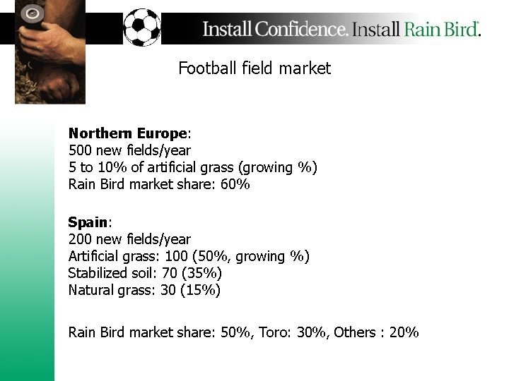 Football field market Northern Europe: 500 new fields/year 5 to 10% of artificial grass