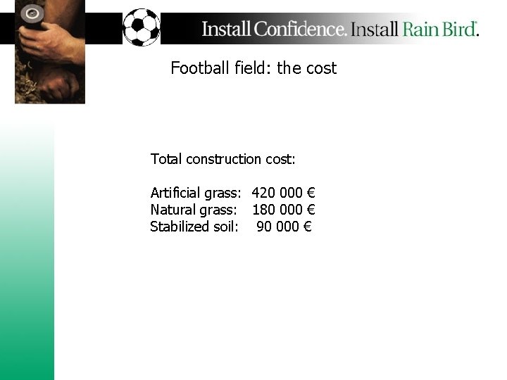 Football field: the cost Total construction cost: Artificial grass: 420 000 € Natural grass: