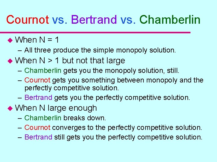 Cournot vs. Bertrand vs. Chamberlin u When N=1 – All three produce the simple