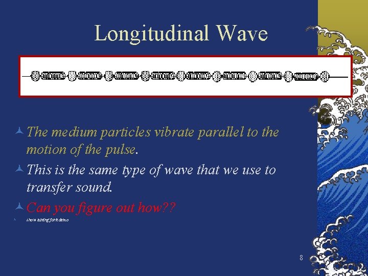 Longitudinal Wave © The medium particles vibrate parallel to the motion of the pulse.