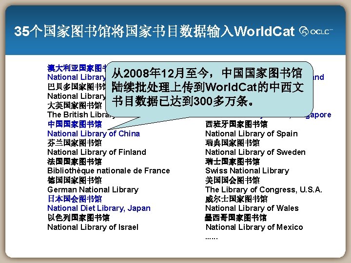 35个国家图书馆将国家书目数据输入World. Cat 澳大利亚国家图书馆 新西兰国家图书馆 从2008年 12月至今，中国国家图书馆 National Library of Australia National Library of New
