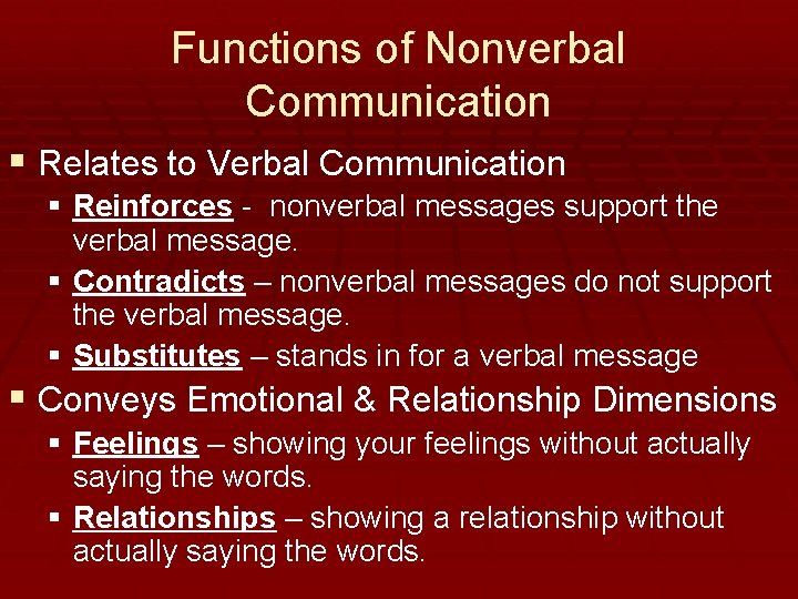 Functions of Nonverbal Communication § Relates to Verbal Communication § Reinforces - nonverbal messages