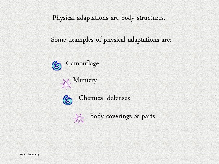Physical adaptations are body structures. Some examples of physical adaptations are: Camouflage Mimicry Chemical
