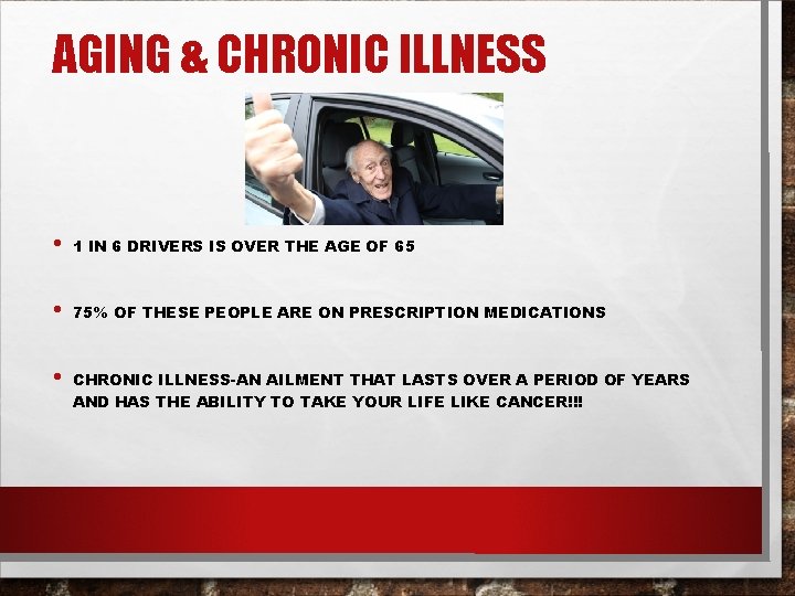 AGING & CHRONIC ILLNESS • 1 IN 6 DRIVERS IS OVER THE AGE OF AGING & CHRONIC ILLNESS • 1 IN 6 DRIVERS IS OVER THE AGE OF