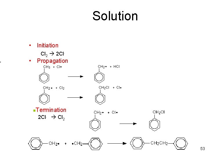 Solution • Initiation Cl 2 2 Cl. • Propagation Termination 2 Cl. Cl 2 Solution • Initiation Cl 2 2 Cl. • Propagation Termination 2 Cl. Cl 2