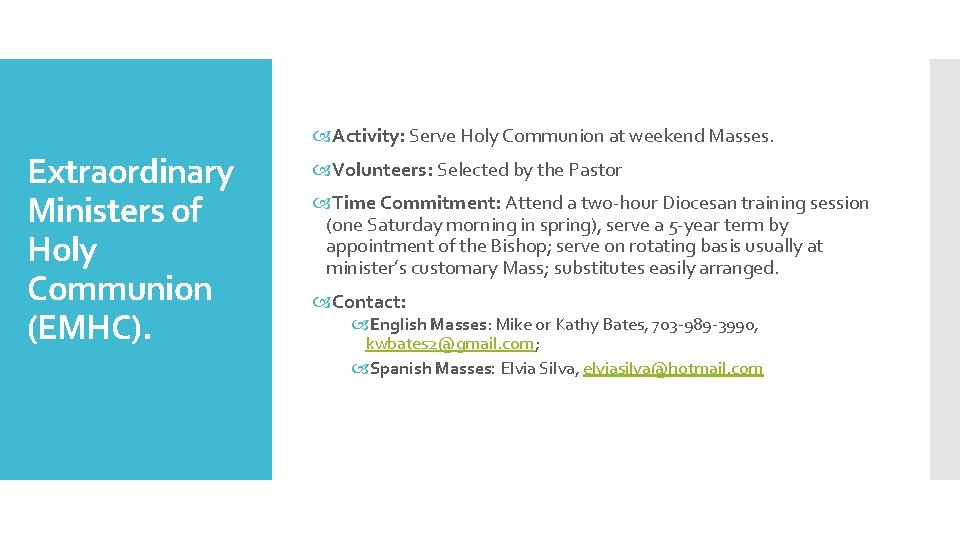  Activity: Serve Holy Communion at weekend Masses. Extraordinary Ministers of Holy Communion (EMHC).
