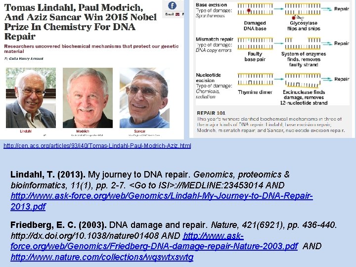 http: //cen. acs. org/articles/93/i 40/Tomas-Lindahl-Paul-Modrich-Aziz. html Lindahl, T. (2013). My journey to DNA repair.