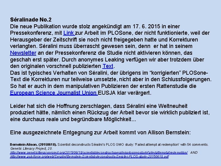 Séralinade No. 2 Die neue Publikation wurde stolz angekündigt am 17. 6. 2015 in