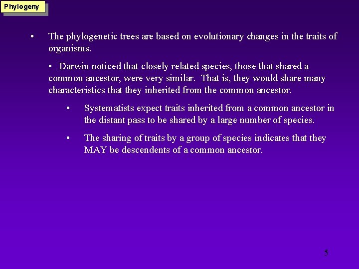 Phylogeny • The phylogenetic trees are based on evolutionary changes in the traits of