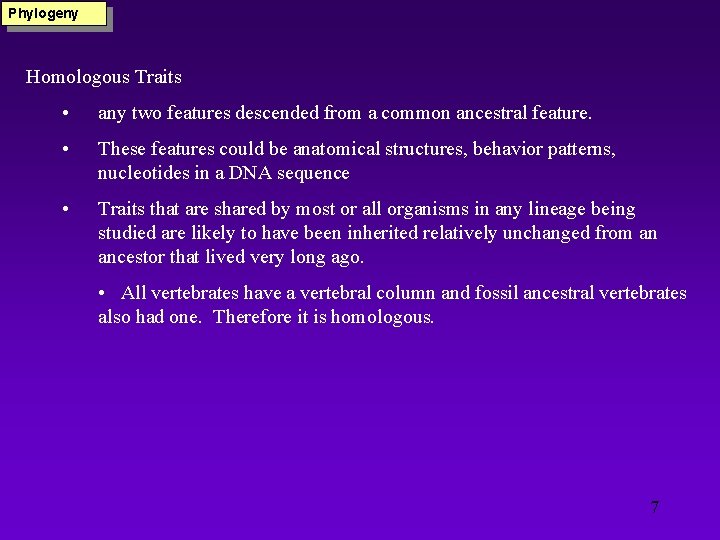 Phylogeny Homologous Traits • any two features descended from a common ancestral feature. •