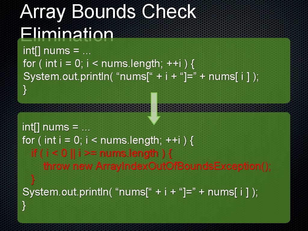 Array Bounds Check Elimination int[] nums =. . . for ( int i =