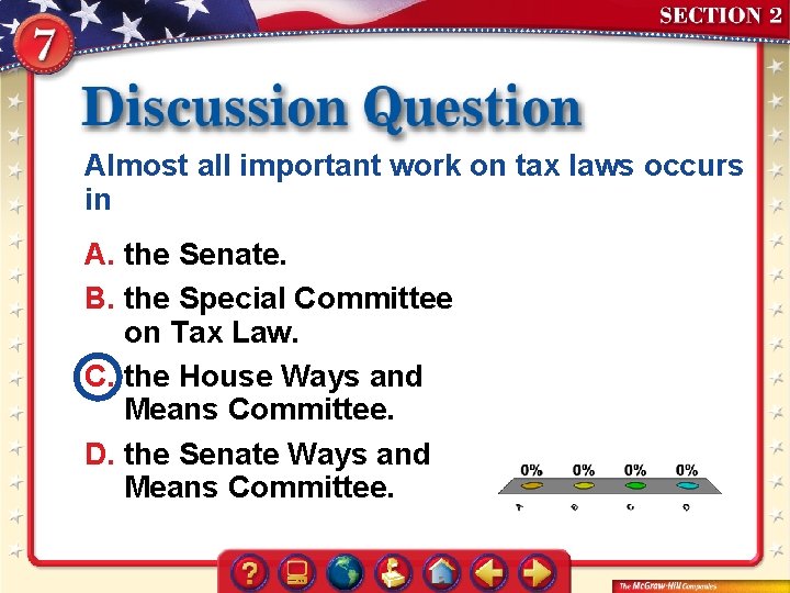 Almost all important work on tax laws occurs in A. the Senate. B. the