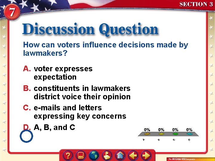 How can voters influence decisions made by lawmakers? A. voter expresses expectation B. constituents