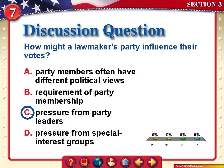 How might a lawmaker’s party influence their votes? A. party members often have different